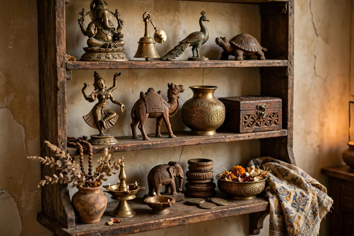 vintage brass antique items and wooden artifacts for home decor on shelf
