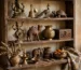 vintage brass antique items and wooden artifacts for home decor on shelf