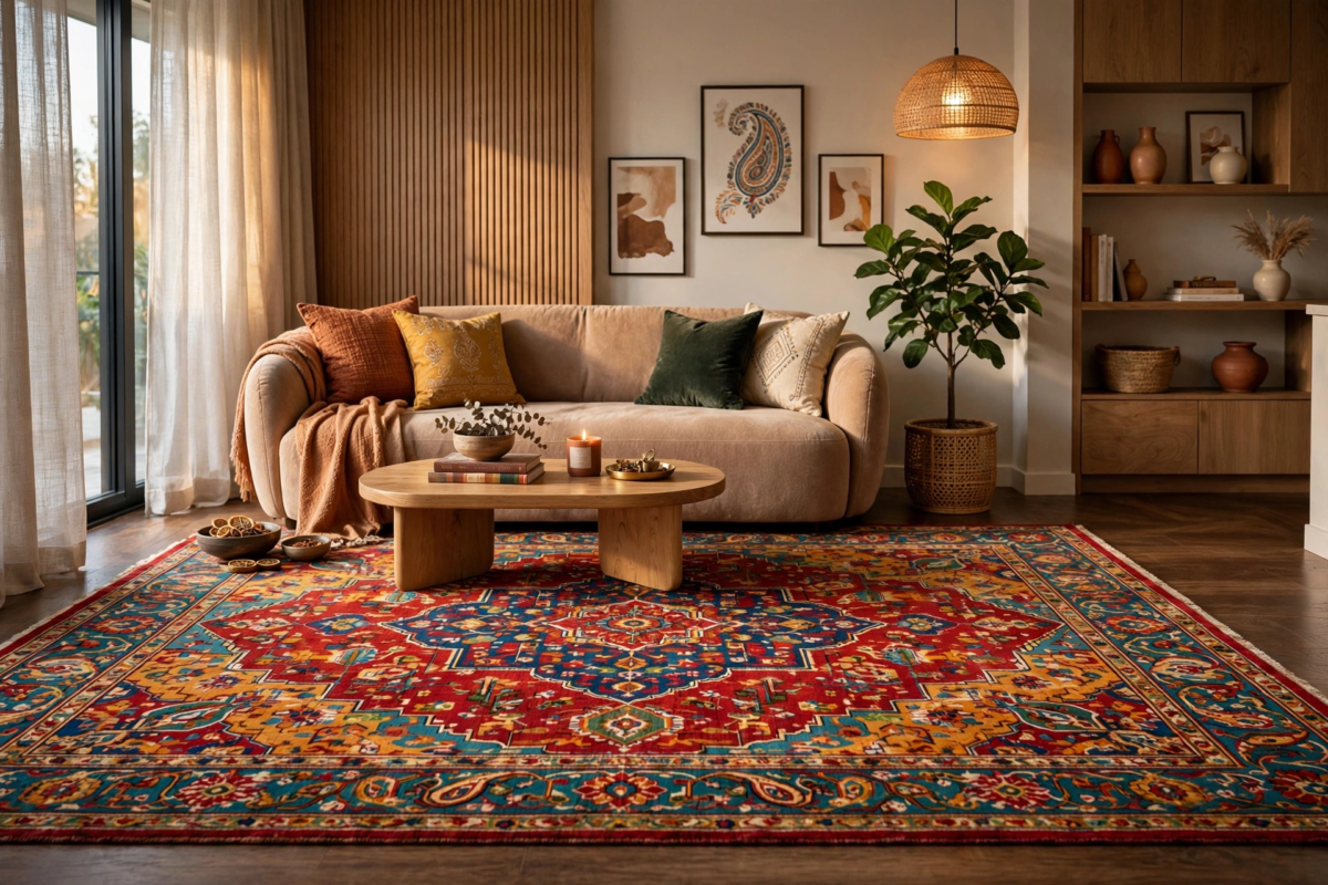 colorful traditional rug carpet for living room in modern Indian home.