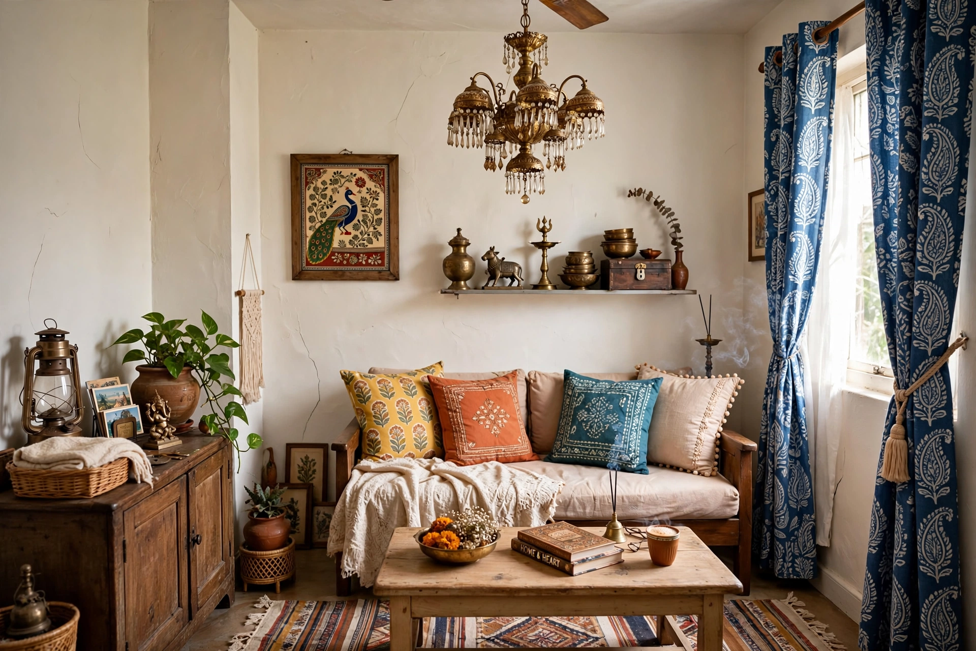 small indian living room decor with jhoomar curtains rug cushions antique items